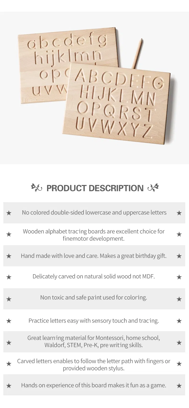 Alphabet Tracing Board Kindergarten Montessori Wooden Learn Writing Board with Stylus Pen