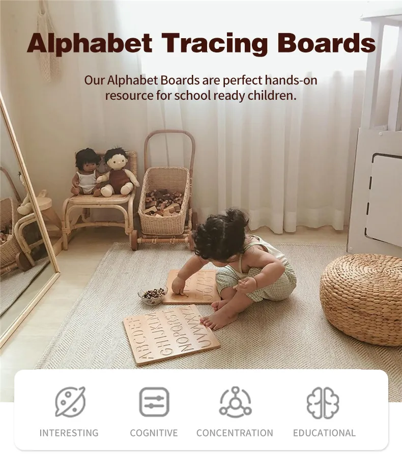 Alphabet Tracing Board Kindergarten Montessori Wooden Learn Writing Board with Stylus Pen