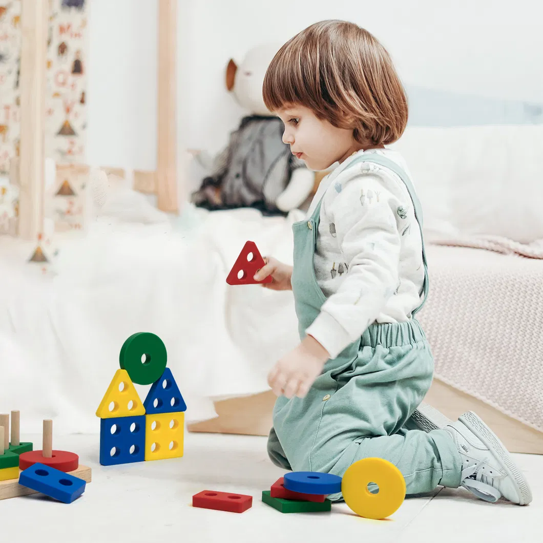 Free Sample New Hot Selling Baby Silicone Food Grade BPA Free Geometry Wooden Stacker Rainbow Teething Teether Toys