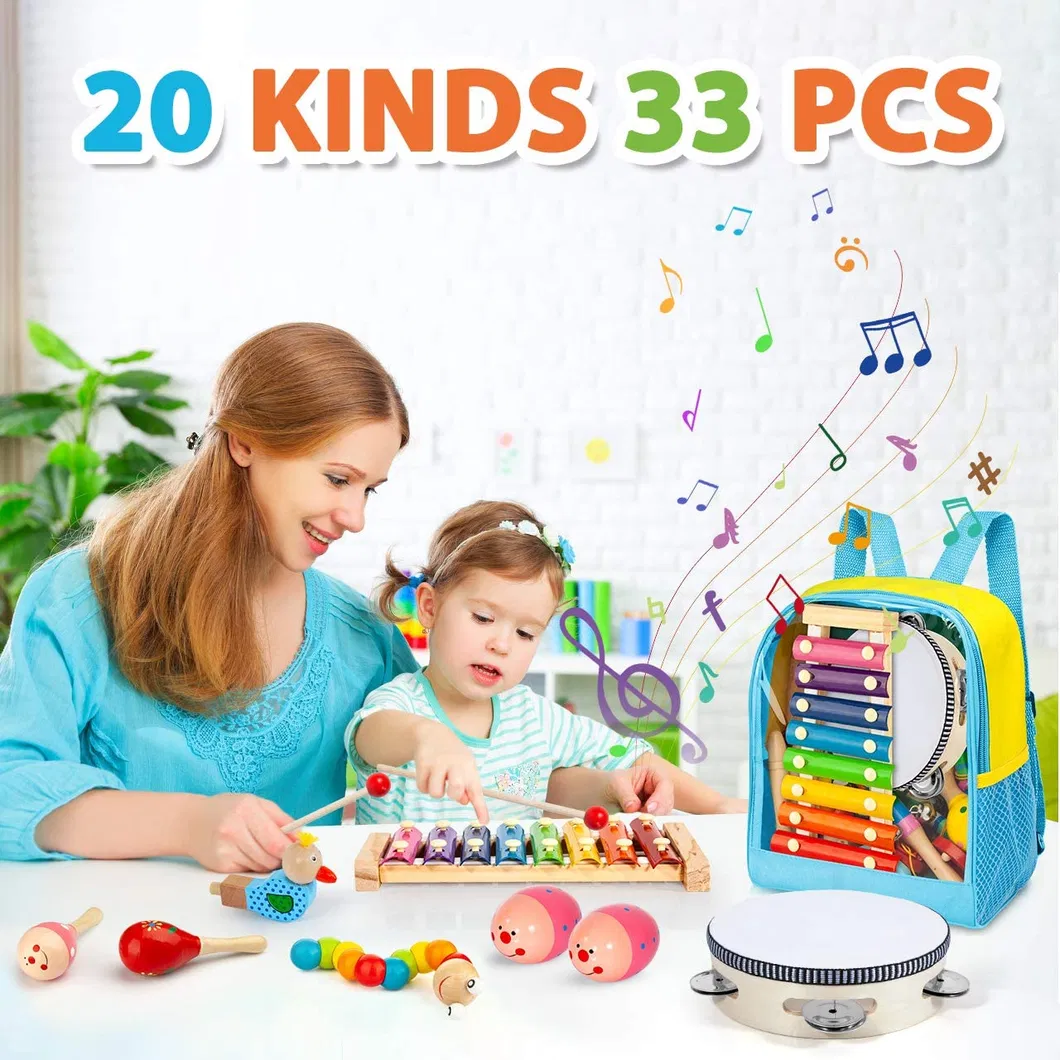 Hot Selling Kids Musical Instruments Toy Set Wooden Instruments Preschool Educational Learning Music Toys with Storage Backpack Bag