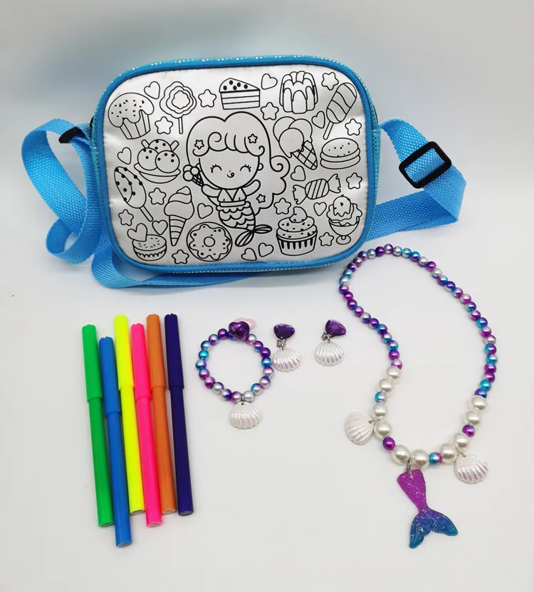 Kids Toys Christmas Gift DIY Coloring Bag with Mermaid Necklace