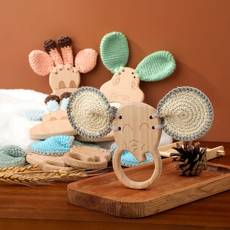 Natural Soft Beech Elephant Toy Teething Crochet Stuffed Ring Baby Wooden Teether