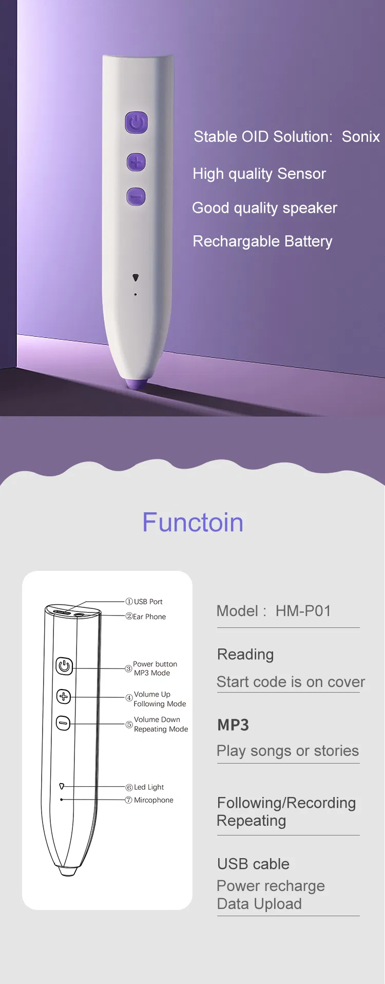 OEM Digital Pen for Children Learning Smart Reading Talking Speaking Pen with English Sound Books