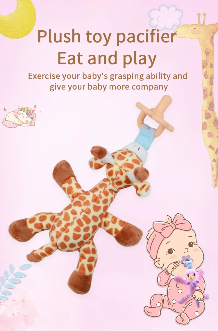 Soothie Snuggle Pacifier Holder with Detachable Pacifier Animal Pacifier for Babies, Cute and Cuddly Plush Toy with Silicone Teether for Boys and Girls