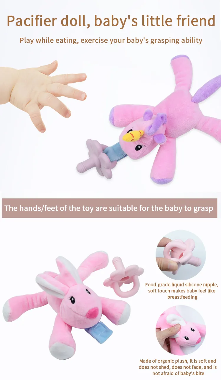 Soothie Snuggle Pacifier Holder with Detachable Pacifier Animal Pacifier for Babies, Cute and Cuddly Plush Toy with Silicone Teether for Boys and Girls