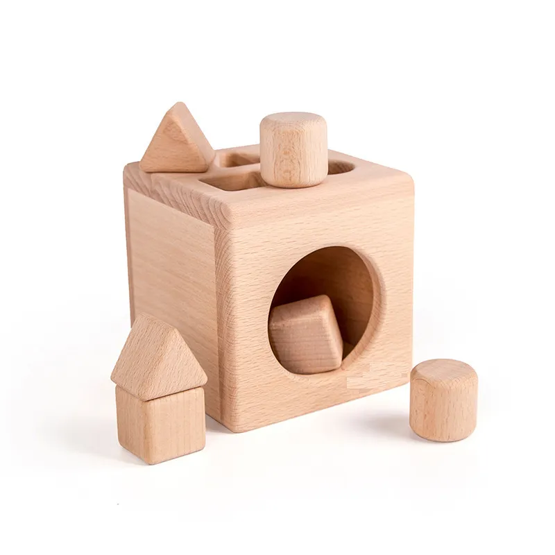 Wooden Activity Box with Geometric Shape Stacking Blocks Set Toy for Kids Educational Shape Sorter for Preschool Baby Boys Girls Toddlers Child Safe Beech Wood