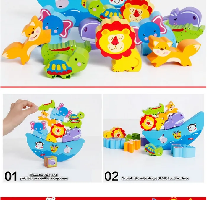 Wooden Animal Themed Stacking Balancing Blocks Toy for Kids 1 Year up Educational Montessori Color Shape Sorter Wooden Toy for Preschool Baby Boys Girls