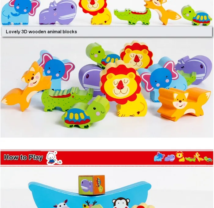 Wooden Animal Themed Stacking Balancing Blocks Toy for Kids 1 Year up Educational Montessori Color Shape Sorter Wooden Toy for Preschool Baby Boys Girls