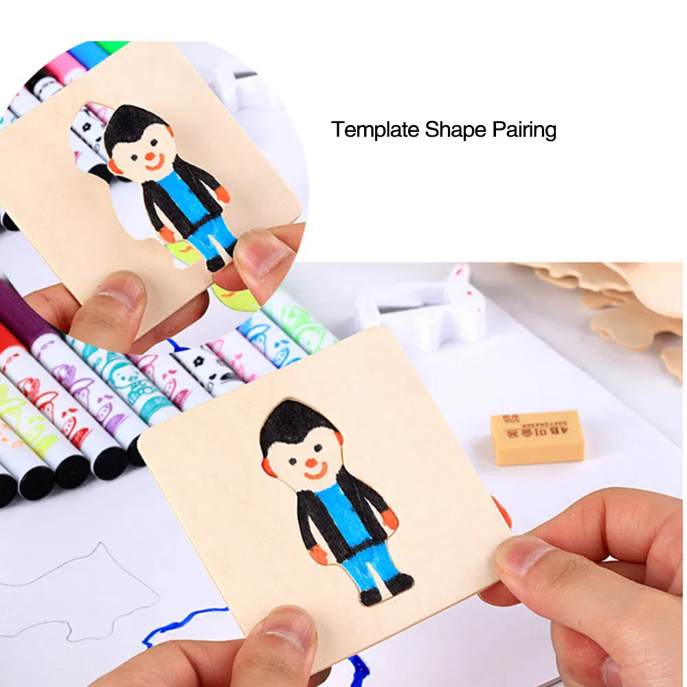 Wooden Baby Drawing Cartoon Template Children Learning Educational Puzzle Toys for Kids