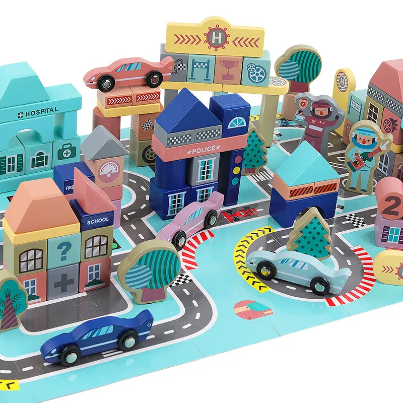 Wooden Building Blocks Set City Construction and Shape Stacking Preschool Education Learning Toy Color Sorting for Child