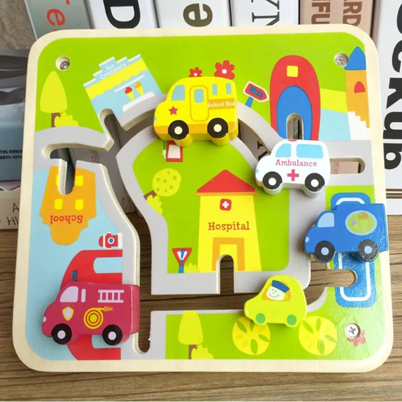 Wooden Car Toy for Kids 2 Years up with Board Educational Learning Toy Wooden Model Car Vehicle Play Set for Preschool Children Baby Boys Girls Toddlers