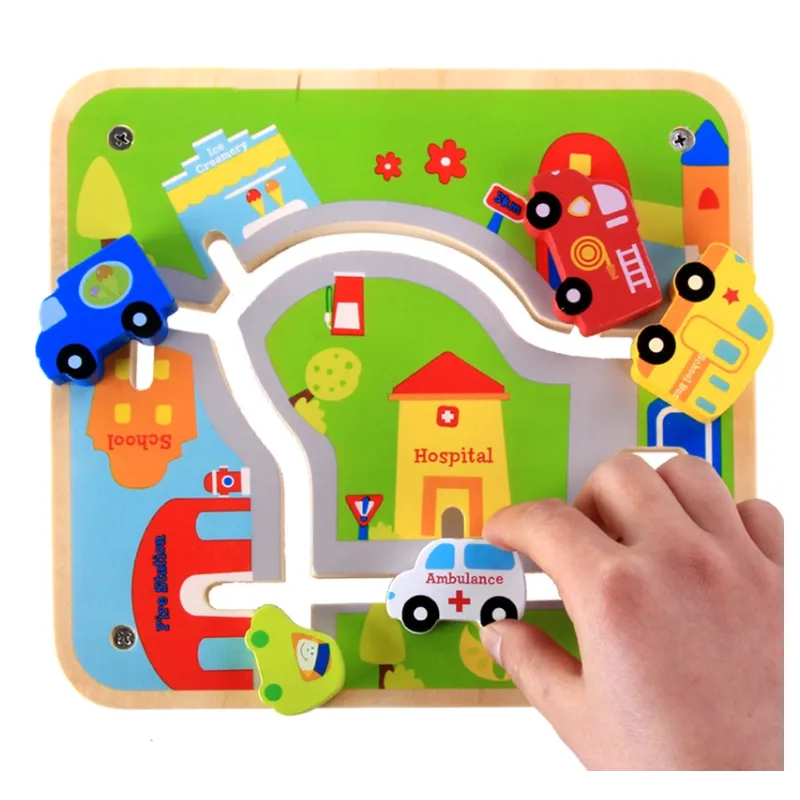 Wooden Car Toy for Kids 2 Years up with Board Educational Learning Toy Wooden Model Car Vehicle Play Set for Preschool Children Baby Boys Girls Toddlers