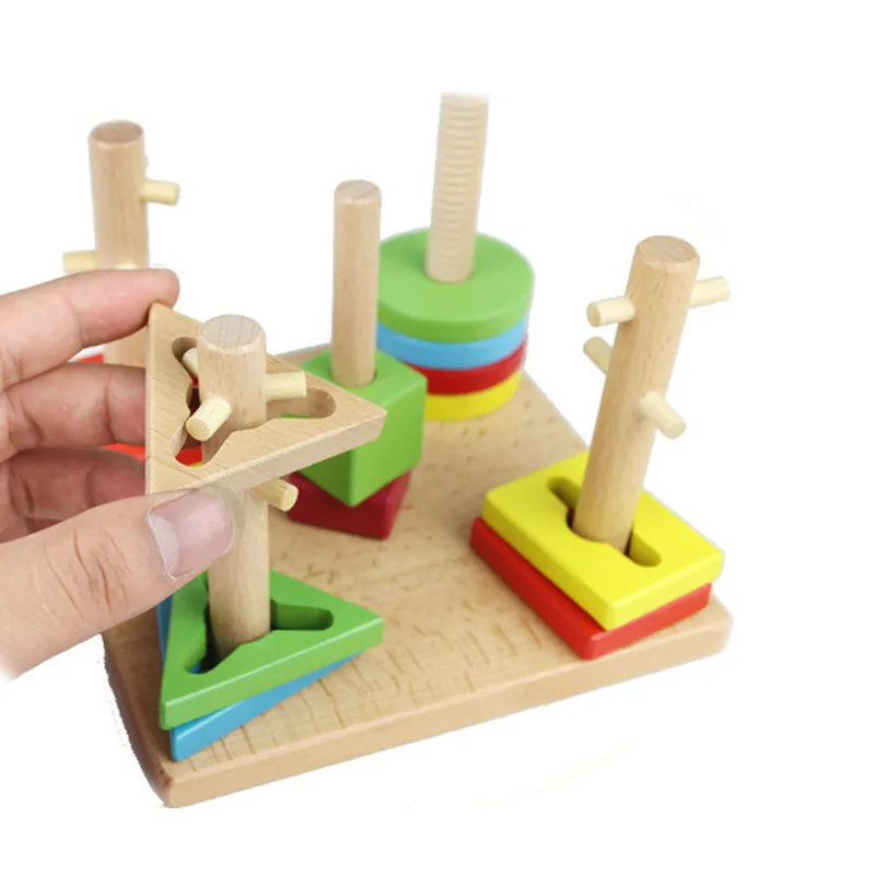 Wooden Geometric Stacking Blocks Toy for Kids 1 Year up Educational Color Shape Sorter Montessori Learning Toy for Baby Boys Girls with Storage Board Child Safe