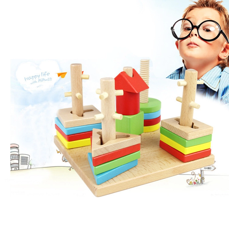 Wooden Geometric Stacking Blocks Toy for Kids 1 Year up Educational Color Shape Sorter Montessori Learning Toy for Baby Boys Girls with Storage Board Child Safe