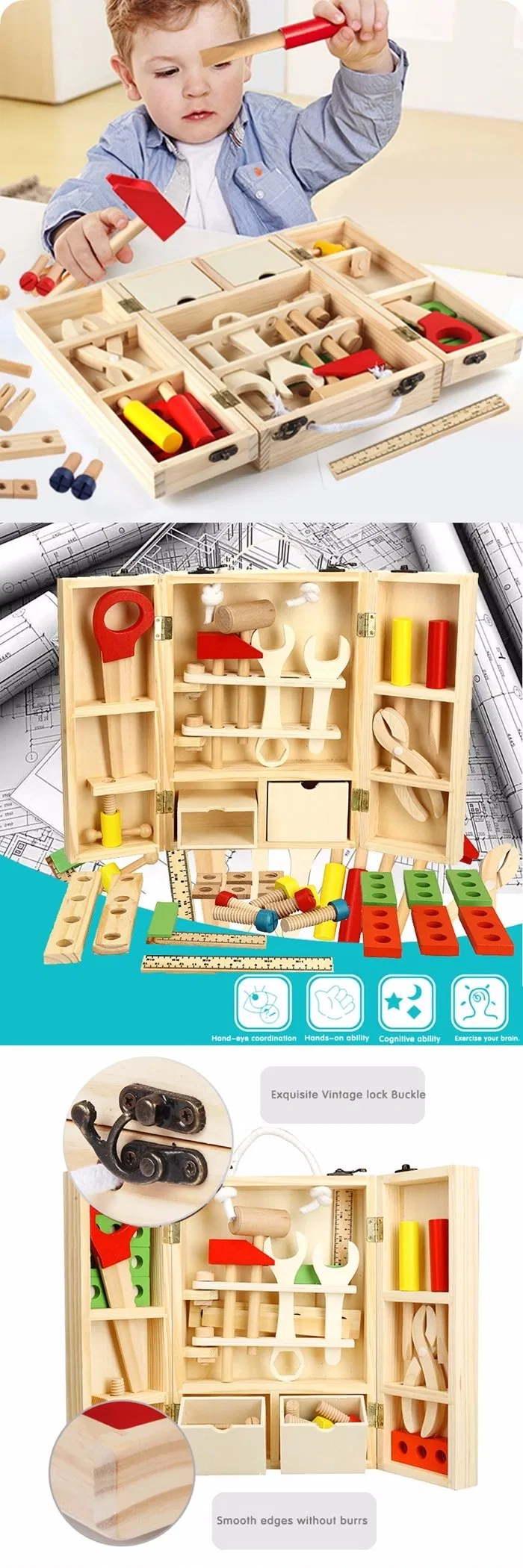 Wooden Tool Kit Box Toy for Toddlers 3 Years up Educational Wooden Tool Box Set Pretend Play Toy for Kids, Boys Girls Creative Construction DIY Toy Great Gift