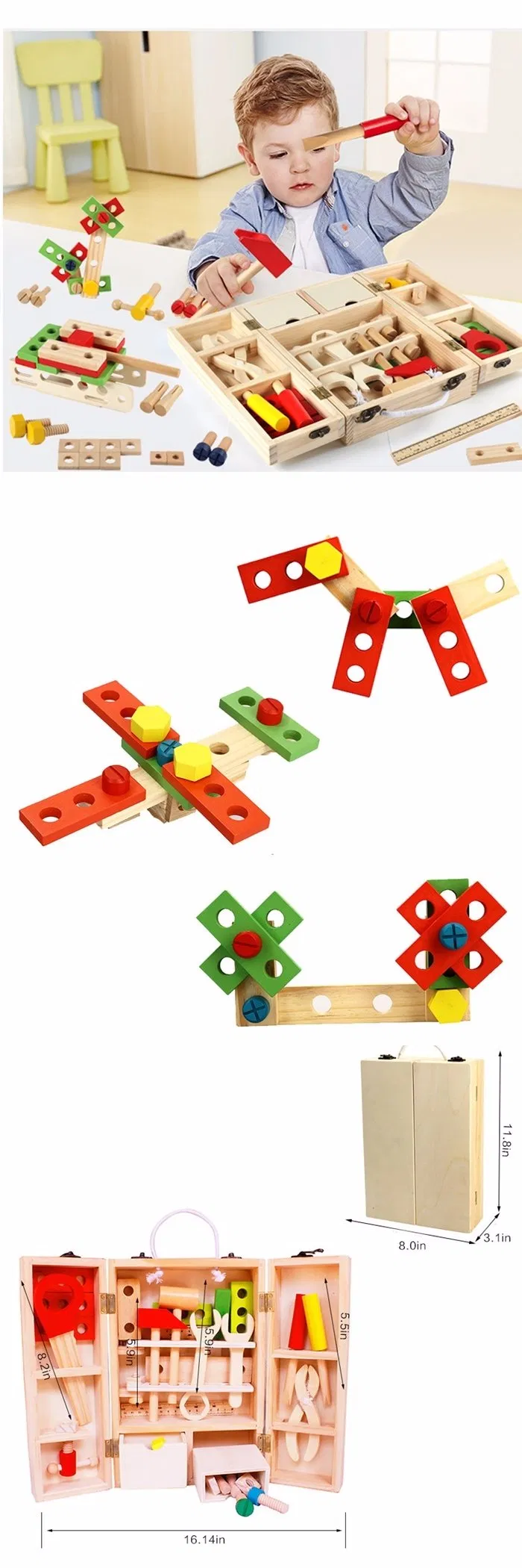 Wooden Tool Kit Box Toy for Toddlers 3 Years up Educational Wooden Tool Box Set Pretend Play Toy for Kids, Boys Girls Creative Construction DIY Toy Great Gift