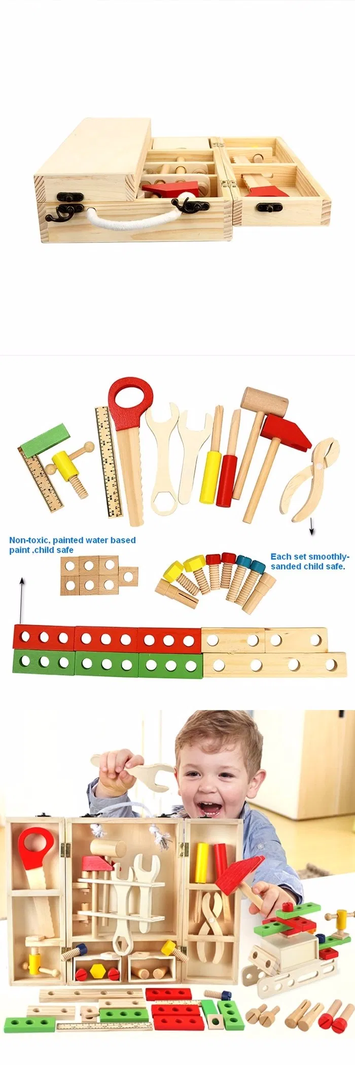 Wooden Tool Kit Box Toy for Toddlers 3 Years up Educational Wooden Tool Box Set Pretend Play Toy for Kids, Boys Girls Creative Construction DIY Toy Great Gift